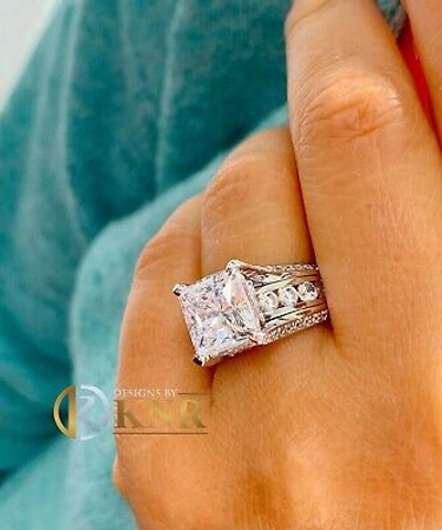 Pre-owned Knr 14k White Gold Cushion Moissanite And Natural Diamonds Engagement Ring 6.50ctw