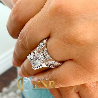 Pre-owned Knr 14k White Gold Cushion Moissanite And Natural Diamonds Engagement Ring 6.50ctw