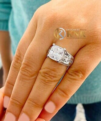 Pre-owned Knr 14k White Gold Cushion Moissanite And Natural Diamonds Engagement Ring 6.50ctw
