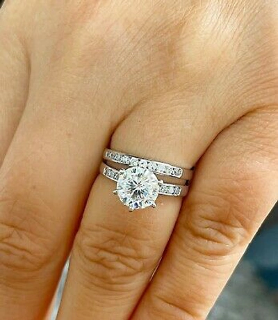 Pre-owned Gia Certified 14k Solid White Gold Round Diamond Engagement Ring And Band 2.00ct