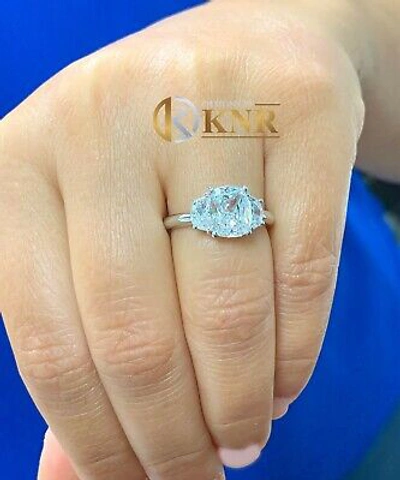 Pre-owned Knr 14k Solid White Gold Cushion And Half Moon Moissanite Engagement Ring 3.00ct