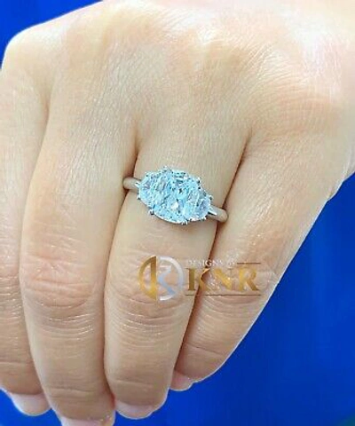 Pre-owned Knr 14k Solid White Gold Cushion And Half Moon Moissanite Engagement Ring 3.00ct