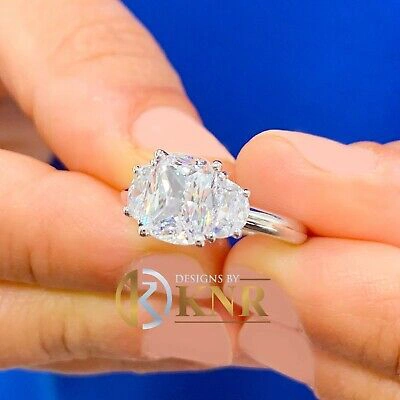 Pre-owned Knr 14k Solid White Gold Cushion And Half Moon Moissanite Engagement Ring 3.00ct