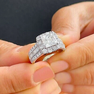 Pre-owned Knr Gia Certified 14k White Gold Princess Diamond Engagement Ring And Band 3.00ctw In White/colorless