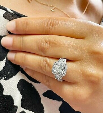 Pre-owned Radiant Gia Certified 14k Solid White Gold  Diamond Engagement Ring Halo 4.00ctw