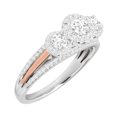 Pre-owned Finecraft 1 Cttw Diamond Trio Engagement Ring In 14k White & Rose Gold, Size 7
