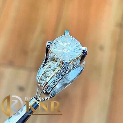 Pre-owned Knr 14k White Gold Cushion Moissanite And Natural Diamonds Engagement Ring 6.50ctw