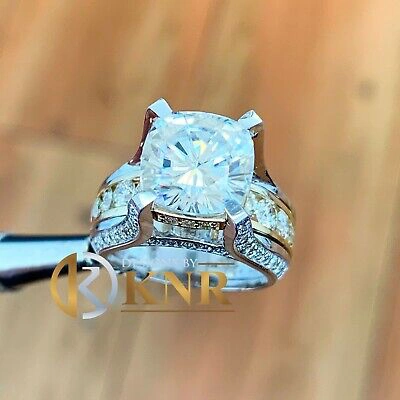 Pre-owned Knr 14k White Gold Cushion Moissanite And Natural Diamonds Engagement Ring 6.50ctw