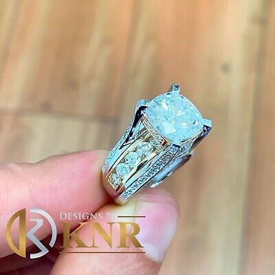 Pre-owned Knr 14k White Gold Cushion Moissanite And Natural Diamonds Engagement Ring 6.50ctw