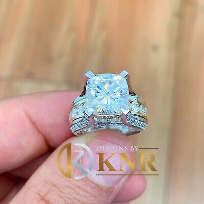 Pre-owned Knr 14k White Gold Cushion Moissanite And Natural Diamonds Engagement Ring 6.50ctw