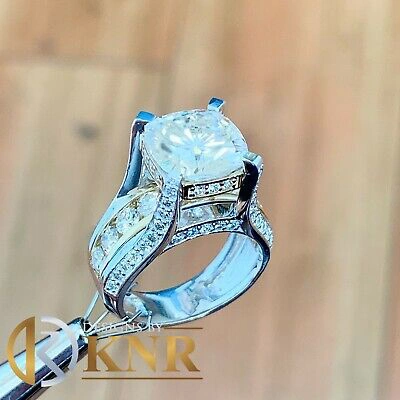 Pre-owned Knr 14k White Gold Cushion Moissanite And Natural Diamonds Engagement Ring 6.50ctw