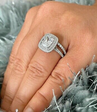 Pre-owned Gia Certified 14k White Gold Cushion Diamond Engagement Ring And Band 2.30ct