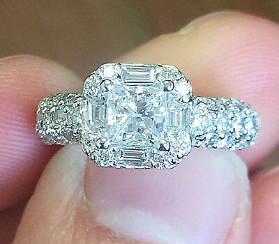 Pre-owned Halo 14k White Gold Princess Cut Diamond Engagement Ring Bridal  Deco 1.70ctw