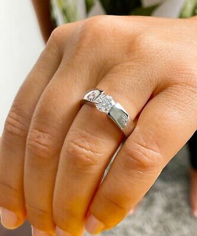 Pre-owned Gia Certified 14k Solid White Gold Round Diamond Tension Engagement Ring 1.00ct
