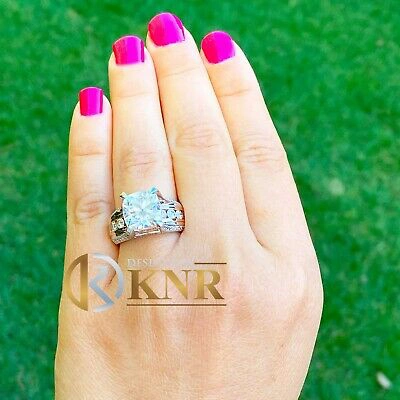 Pre-owned Knr 14k White Gold Cushion Moissanite And Natural Diamonds Engagement Ring 6.50ctw