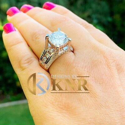 Pre-owned Knr 14k White Gold Cushion Moissanite And Natural Diamonds Engagement Ring 6.50ctw