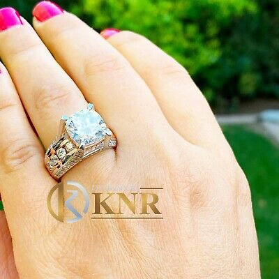 Pre-owned Knr 14k White Gold Cushion Moissanite And Natural Diamonds Engagement Ring 6.50ctw