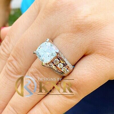 Pre-owned Knr 14k White Gold Cushion Moissanite And Natural Diamonds Engagement Ring 6.50ctw
