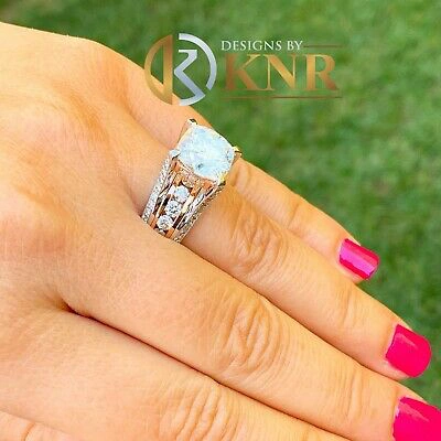 Pre-owned Knr 14k White Gold Cushion Moissanite And Natural Diamonds Engagement Ring 6.50ctw