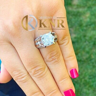 Pre-owned Knr 14k White Gold Cushion Moissanite And Natural Diamonds Engagement Ring 6.50ctw