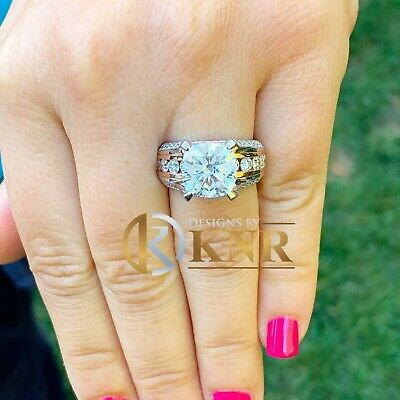 Pre-owned Knr 14k White Gold Cushion Moissanite And Natural Diamonds Engagement Ring 6.50ctw