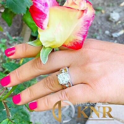 Pre-owned Knr 14k White Gold Cushion Moissanite And Natural Diamonds Engagement Ring 6.50ctw