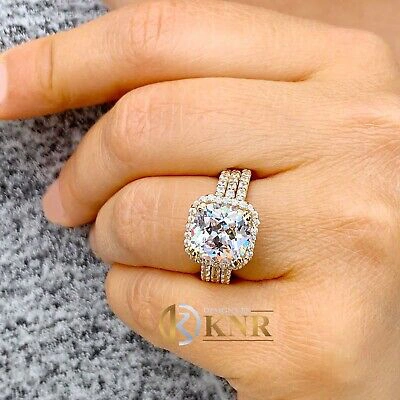 Pre-owned Charles & Colvard 14k White Gold Cushion Moissanite And Natural Diamond Engagement Rings 6.80ctw