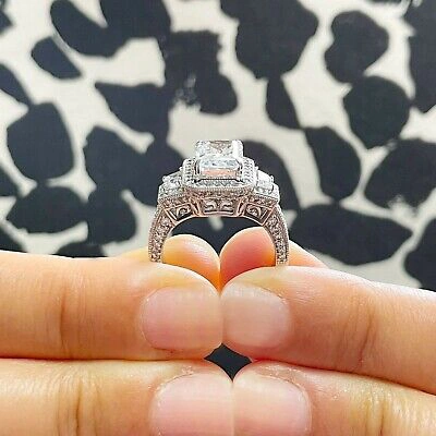 Pre-owned Charles & Colvard 14k White Gold Radiant Forever One Moissanite And Diamonds Engagement Rings 4.00