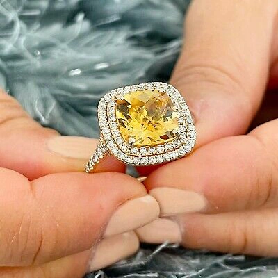 Pre-owned Split 14k Yellow Gold Cushion Yellow Citrine Round Cut Diamond Ring  Band 4.80ctw
