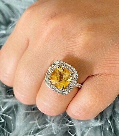 Pre-owned Split 14k Yellow Gold Cushion Yellow Citrine Round Cut Diamond Ring  Band 4.80ctw