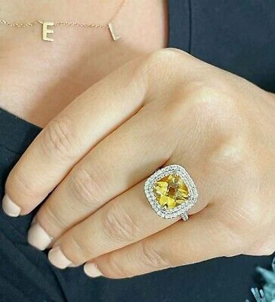 Pre-owned Split 14k Yellow Gold Cushion Yellow Citrine Round Cut Diamond Ring  Band 4.80ctw