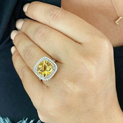 Pre-owned Split 14k Yellow Gold Cushion Yellow Citrine Round Cut Diamond Ring  Band 4.80ctw