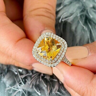 Pre-owned Split 14k Yellow Gold Cushion Yellow Citrine Round Cut Diamond Ring  Band 4.80ctw