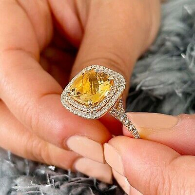 Pre-owned Split 14k Yellow Gold Cushion Yellow Citrine Round Cut Diamond Ring  Band 4.80ctw