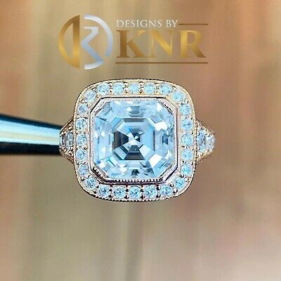 Pre-owned Knr 14k Solid Rose Gold Asscher Moissanite And Natural Diamond Engagement Ring 4.60 In Pink