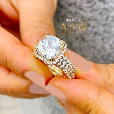 Pre-owned Asw 14k Solid Yellow Gold Cushion And Round Cut Engagement Ring And Two Bands 7.00ct