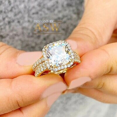 Pre-owned Asw 14k Solid Yellow Gold Cushion And Round Cut Engagement Ring And Two Bands 7.00ct