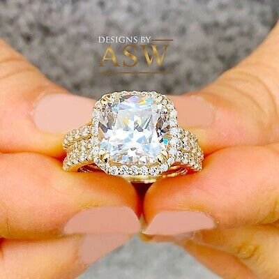 Pre-owned Asw 14k Solid Yellow Gold Cushion And Round Cut Engagement Ring And Two Bands 7.00ct