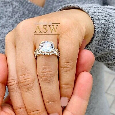 Pre-owned Asw 14k Solid Yellow Gold Cushion And Round Cut Engagement Ring And Two Bands 7.00ct