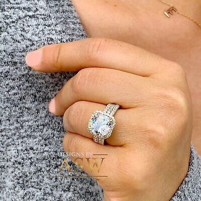 Pre-owned Asw 14k Solid Yellow Gold Cushion And Round Cut Engagement Ring And Two Bands 7.00ct