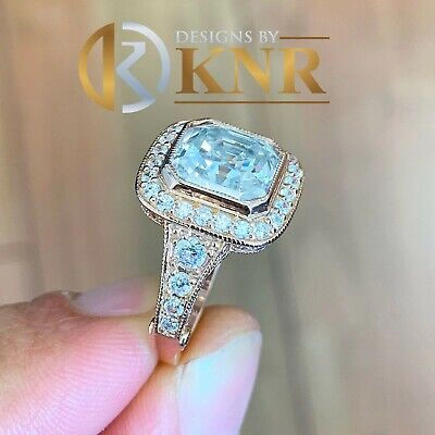 Pre-owned Knr 14k Solid Rose Gold Asscher Moissanite And Natural Diamond Engagement Ring 4.60 In Pink