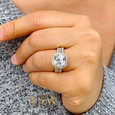 Pre-owned Asw 14k Solid Yellow Gold Cushion And Round Cut Engagement Ring And Two Bands 7.00ct