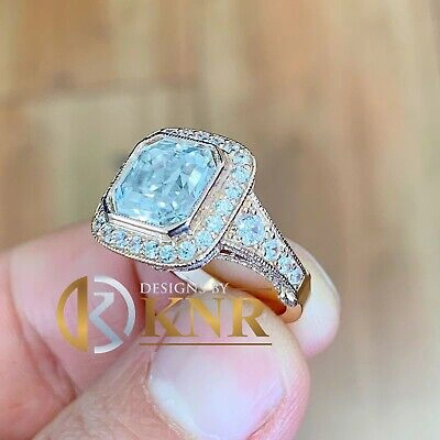 Pre-owned Knr 14k Solid Rose Gold Asscher Moissanite And Natural Diamond Engagement Ring 4.60 In Pink