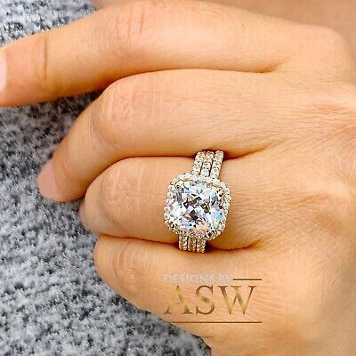 Pre-owned Asw 14k Solid Yellow Gold Cushion And Round Cut Engagement Ring And Two Bands 7.00ct