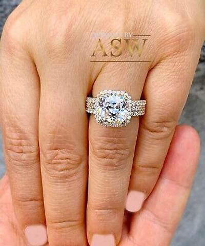 Pre-owned Asw 14k Solid Yellow Gold Cushion And Round Cut Engagement Ring And Two Bands 7.00ct