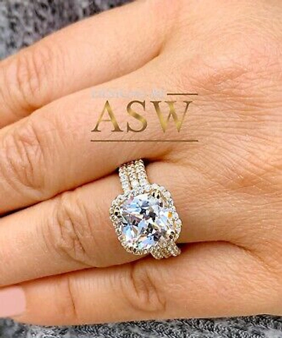 Pre-owned Asw 14k Solid Yellow Gold Cushion And Round Cut Engagement Ring And Two Bands 7.00ct