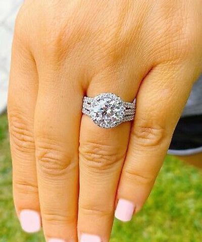 Pre-owned Knr Gia Certified 14k Solid White Gold Round Cut Diamond Engagement Ring Halo 3.20ct