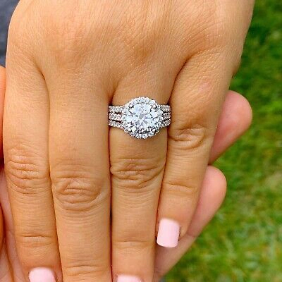 Pre-owned Knr Gia Certified 14k Solid White Gold Round Cut Diamond Engagement Ring Halo 3.20ct