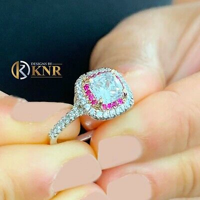 Pre-owned Knr Inc 14k White Gold Cushion Moissanite And Diamond And Ruby Engagement Ring 2.20ctw