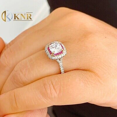 Pre-owned Knr Inc 14k White Gold Cushion Moissanite And Diamond And Ruby Engagement Ring 2.20ctw